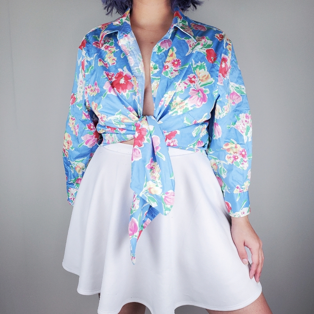 Chaps Tropical Floral Blue Pink Button Up